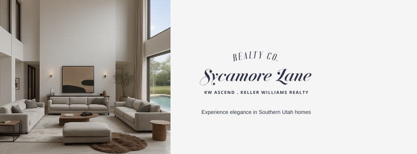 Modern luxury living room with high ceilings, neutral tones, and large windows in a St. George Utah home, branded Sycamore Lane Realty